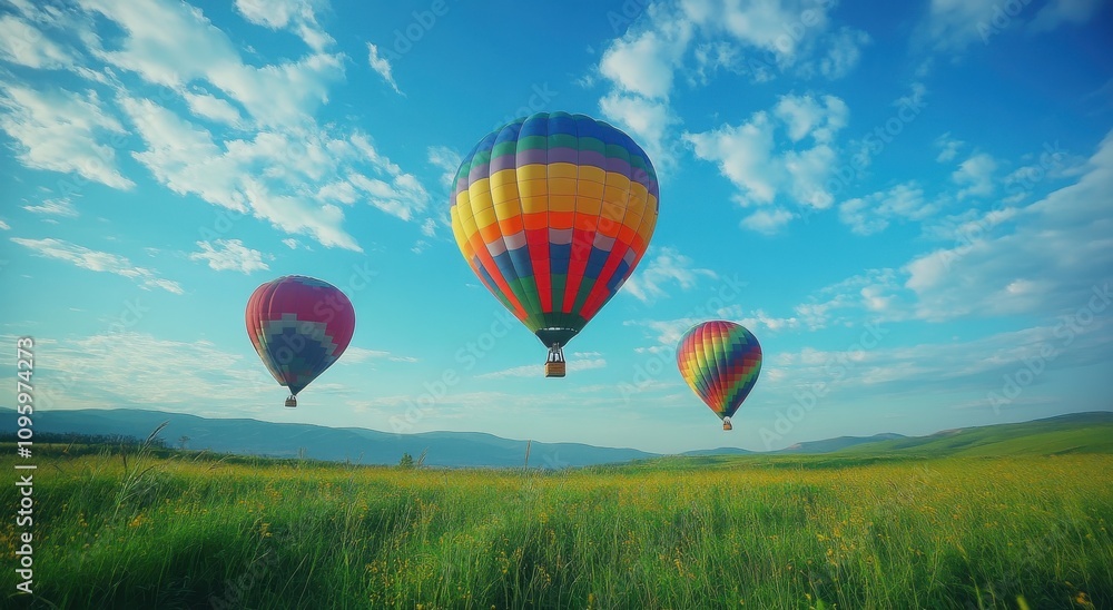 Fototapeta premium Vibrant Hot Air Balloons Soaring Over a Scenic Green Landscape with a Clear Blue Sky and Soft Clouds: A Picturesque Aerial View Capturing Nature's Beauty