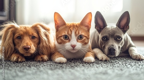 A cheerful scene featuring a dog, cat, and puppy resting together on a cozy rug, showcasing friendship and warmth.