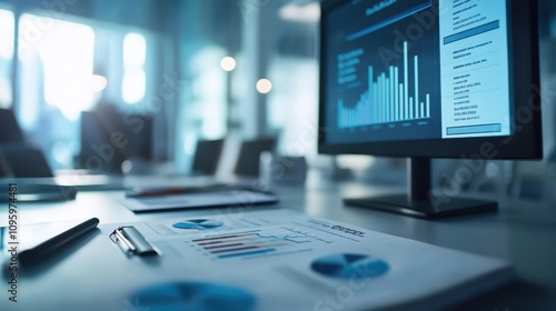 Professional Office Workspace Featuring Analytical Reports, Charts, and Graphs on Desk with Computer Displaying Data Visualization Insights in Corporate Environment