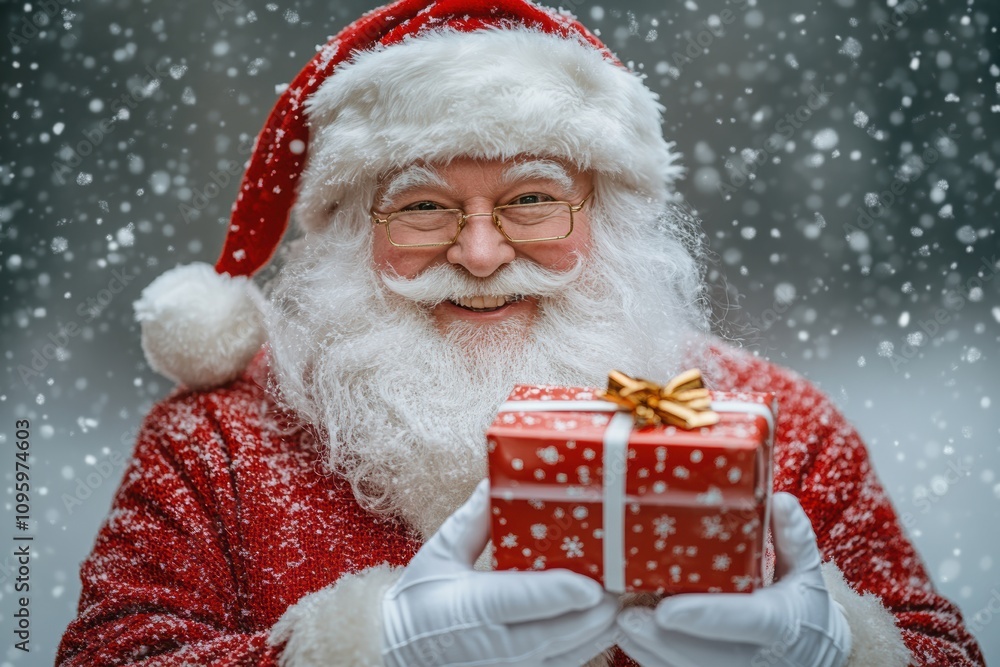 Santa Claus in a snowy setting holding a wrapped gift. Santa Claus in a snowy setting holding a wrapped gift.