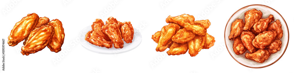 Flat style illustration of fried chicken wings isolated on white background. Collection PNG. Flat style illustration of fried chicken wings isolated on white background. Collection PNG.