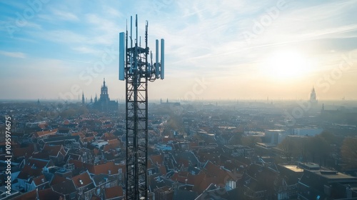 5g mobile tower installation with a clear sky in the background and the Dom tower of Utrecht photo