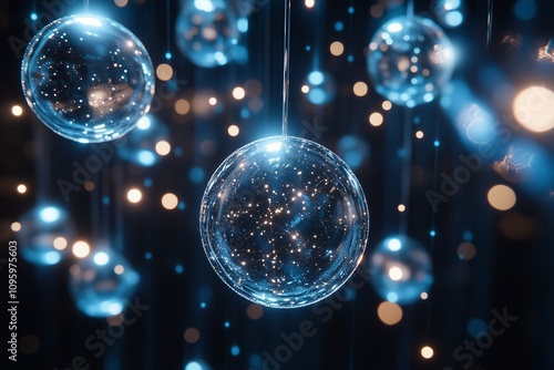 Suspended Glass Orbs with Sparkling Starry Reflections and Soft Blue and Warm Bokeh Lights in a Dreamy Setting