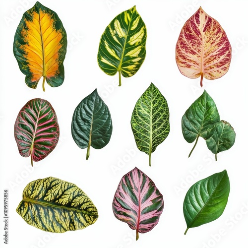 Collection of colorful tropical leaves.