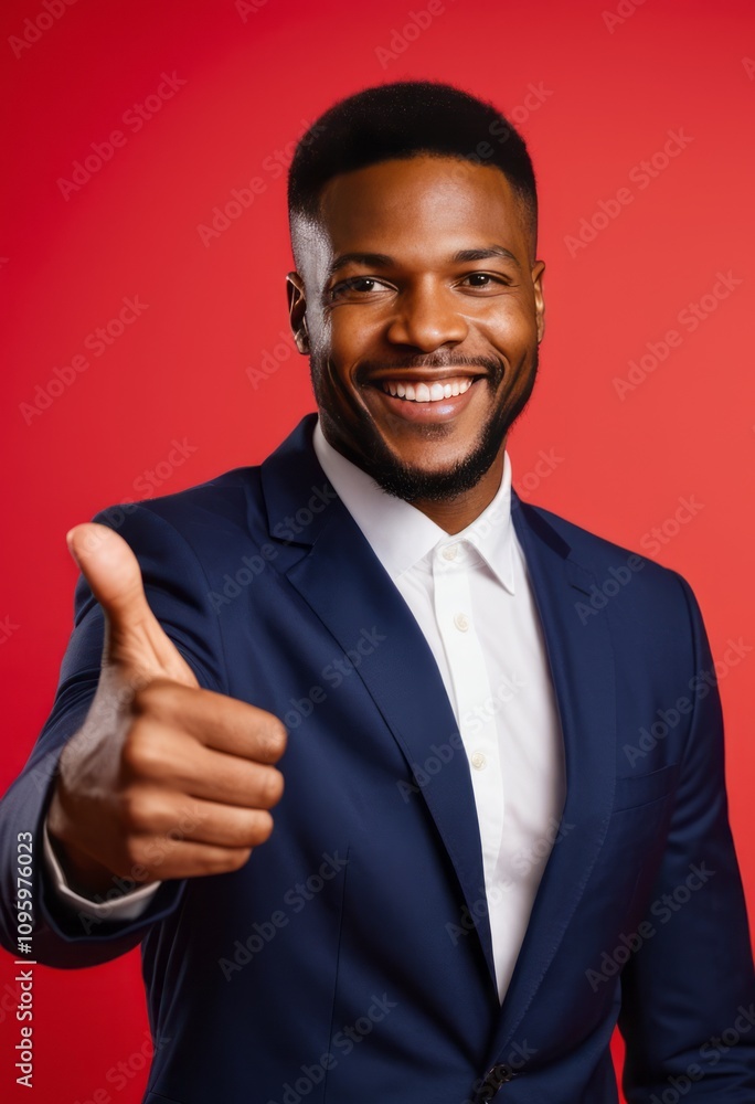 smiling man, wearing a navy blue suit and white shirt, thumbs up gesture, red background, formal attire, confident expression, professional setting, portrait orientation
smiling man, wearing a navy blue suit and white shirt, thumbs up gesture, red background, formal attire, confident expression, professional setting, portrait orientation