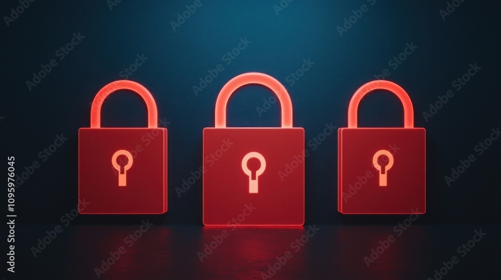 Anti tracking security concept. Three glowing red padlocks against a dark blue background symbolize security and protection in digital and physical realms. Anti tracking security concept. Three glowing red padlocks against a dark blue background symbolize security and protection in digital and physical realms.