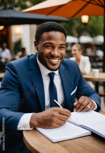 A smiling man in a blue suit, sitting at a wooden table in an outdoor café, writing in a notebook, vibrant and lively atmosphere, soft focus background, warm lighting, professional setting, candid and