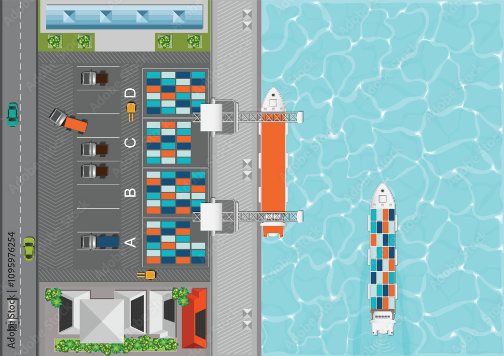 Top view of cargo port with cargo ship full of standard shipping containers. Top view of cargo port with cargo ship full of standard shipping containers.