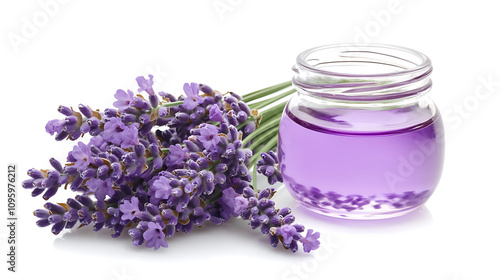 Fresh lavender blooms positioned next to sleek glass jar filled with purple liquid, creating calming and aromatic scene. vibrant colors evoke sense of tranquility and relaxation