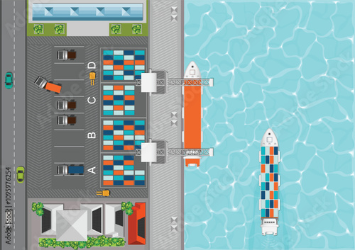 Top view of cargo port with cargo ship full of standard shipping containers.