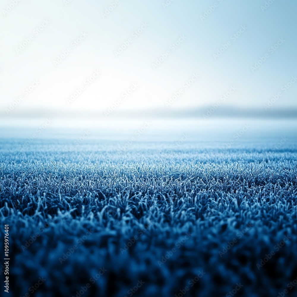 Blue frosty grass field under a soft, misty sky, serene winter landscape. Blue frosty grass field under a soft, misty sky, serene winter landscape.