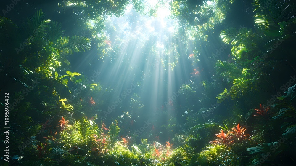 Obraz premium tropical rainforest with vibrant green trees, rays of light streaming through the canopy