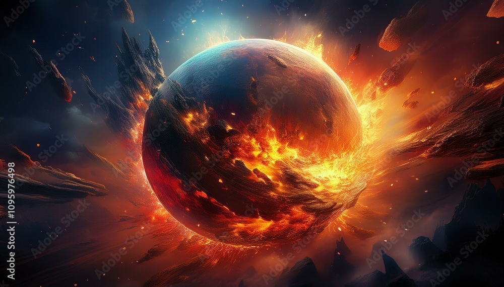 Obraz premium Burning and exploding planet