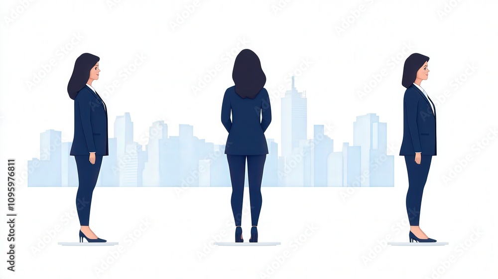 Obraz premium Abstract illustration of a confident businesswoman in a suit standing in three different perspectives with a modern city skyline background, showcasing professionalism and empowerment.