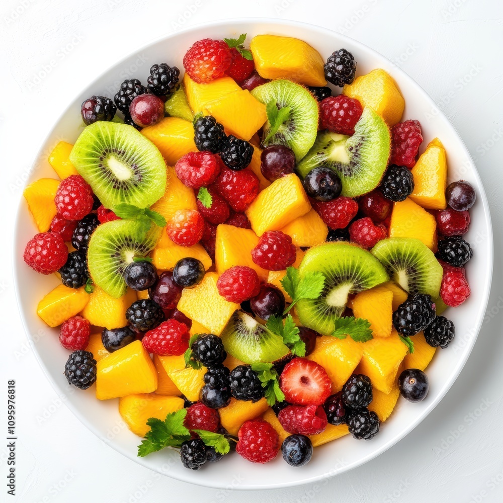 Obraz premium A white bowl filled with a colorful fruit salad of mango, kiwi, raspberries, blackberries, and blueberries.