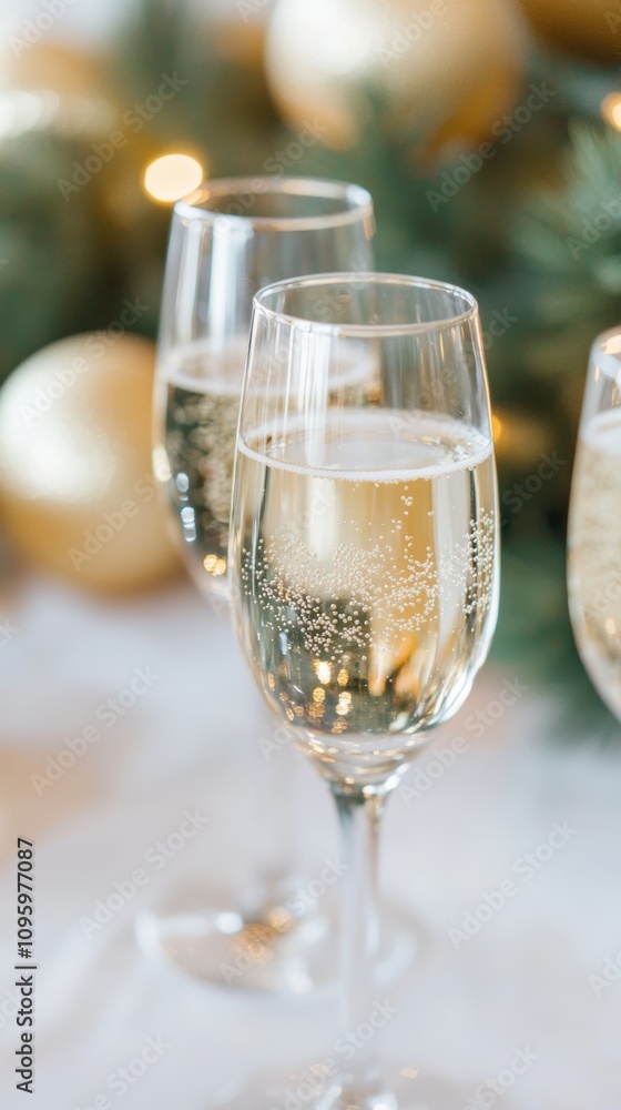 Champagne glasses raised for a toast, golden and silver decorations, festive and joyful moment Champagne glasses raised for a toast, golden and silver decorations, festive and joyful moment