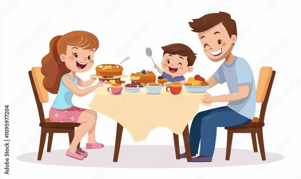 Happy family enjoys breakfast together. Happy family enjoys breakfast together.