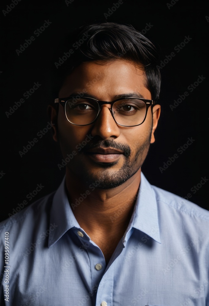 portrait of a confident young man, wearing glasses, professional attire, dark background, soft lighting, realistic photography style
