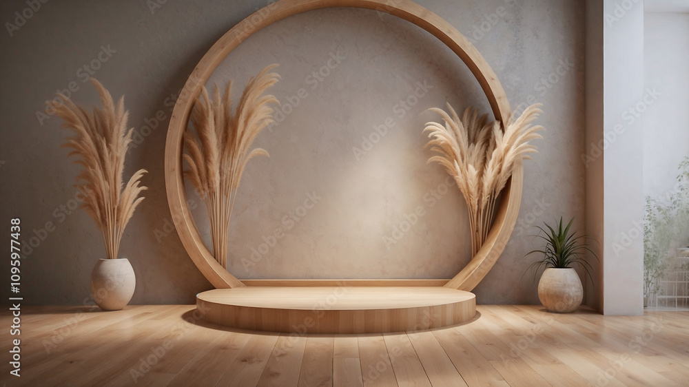 Modern minimalist design featuring natural wood, a 3d semi-circular arch, pampas grass, and ambient light evoking simplicity and elegance. Modern minimalist design featuring natural wood, a 3d semi-circular arch, pampas grass, and ambient light evoking simplicity and elegance.