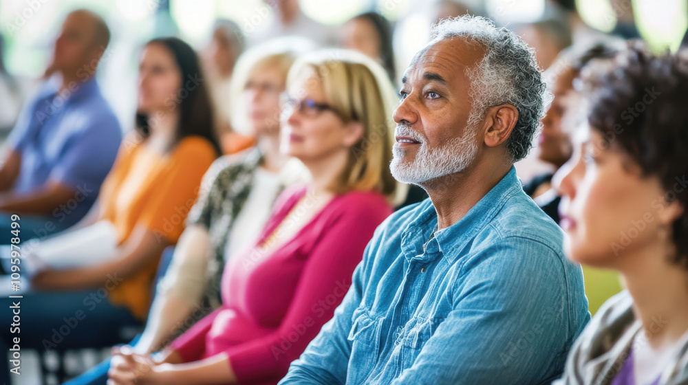 Engaged audience at mental health awareness event in community center, showcasing diverse individuals listening attentively Engaged audience at mental health awareness event in community center, showcasing diverse individuals listening attentively