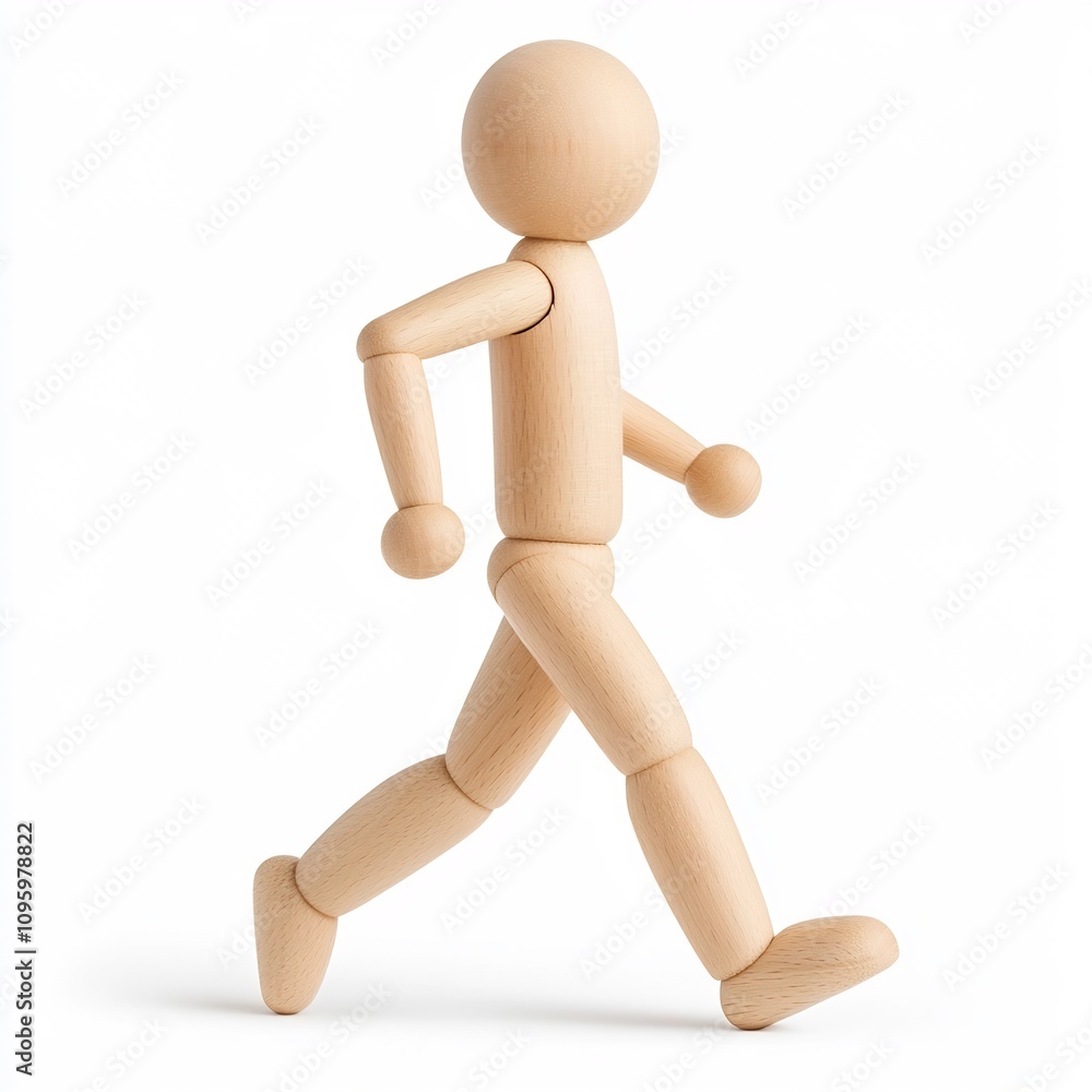Detailed Macro Wooden Mannequin Running in Side View Pose on White Background Detailed Macro Wooden Mannequin Running in Side View Pose on White Background