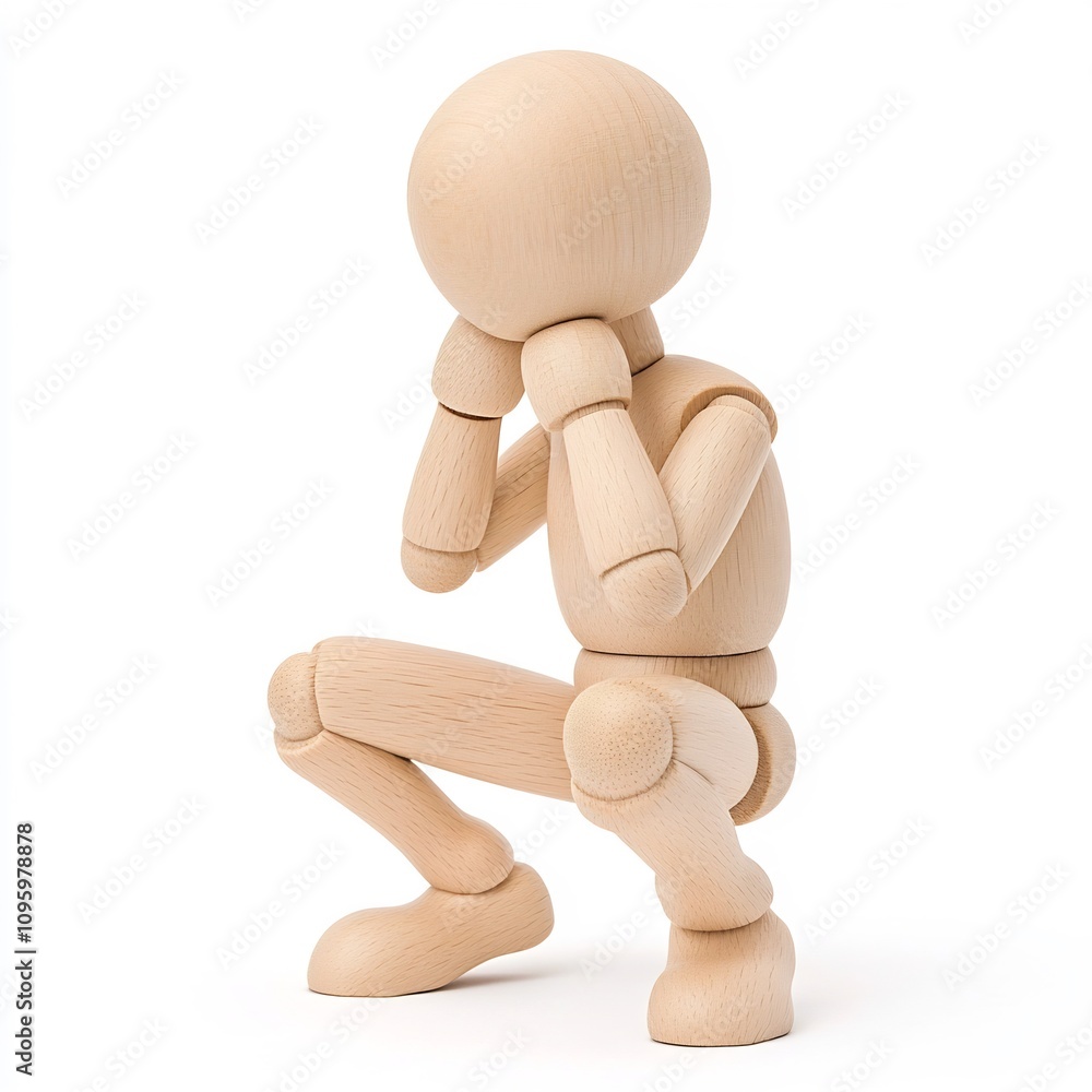 Detailed Wooden Mannequin Figure in Squat Pose on White Background Detailed Wooden Mannequin Figure in Squat Pose on White Background
