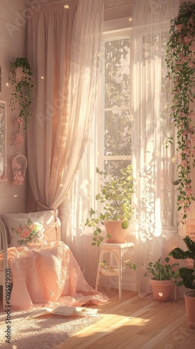 Sunlight streams through a window in a cozy, pink bedroom with a bed, plants, and sheer curtains.