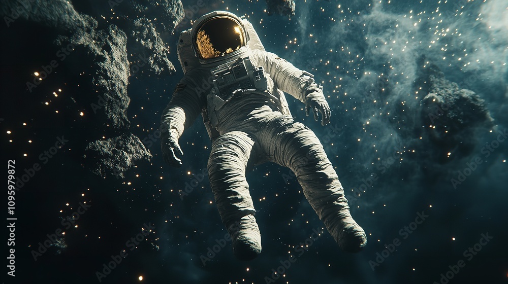 Astronaut floating in outer space, Earth visible in the background Astronaut floating in outer space, Earth visible in the background