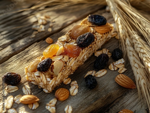 Homemade granola bar with oats, almonds, and dried fruits on rustic wooden background. photo