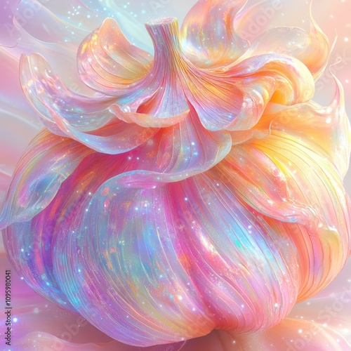 A 3D rendering of a glowing, iridescent flower with a soft, pink, and yellow color scheme and sparkling light effects. photo