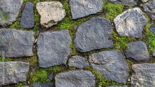 Seamless dark gray cobblestone texture with a rough, weathered finish, forming an aged stone pathway with visible moss details for a more organic feel