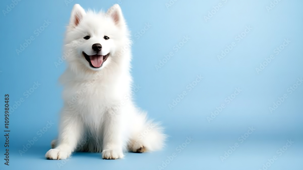 Fototapeta premium Charming fluffy dog smiling in a blue studio cute pet photography indoor environment joyful concept