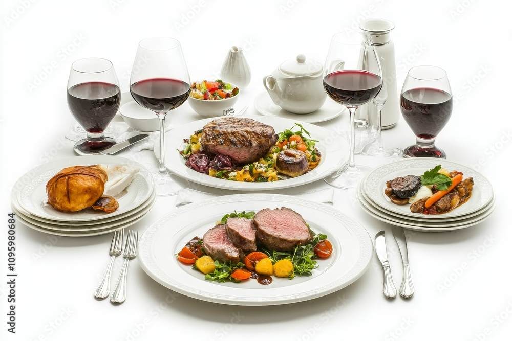 Elegant dinner setting: roast beef, wine, side dishes. Elegant dinner setting: roast beef, wine, side dishes.
