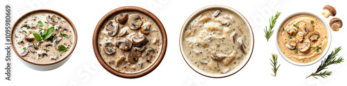 Mushroom cream soup with spreading sauce isolated on white background. Collection PNG.