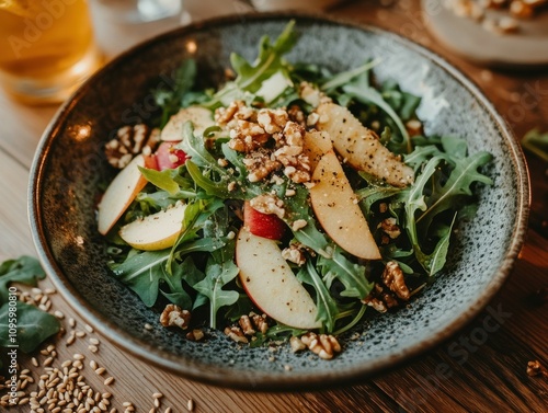 Fresh apple, pear, and walnut salad with arugula in a rustic bowl.