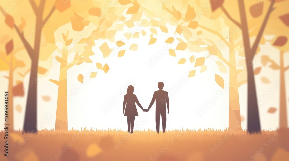 Romantic Silhouette of Couple Holding Hands in Autumn Landscape Surrounded by Falling Leaves and Trees with Warm Golden Tones Romantic Silhouette of Couple Holding Hands in Autumn Landscape Surrounded by Falling Leaves and Trees with Warm Golden Tones