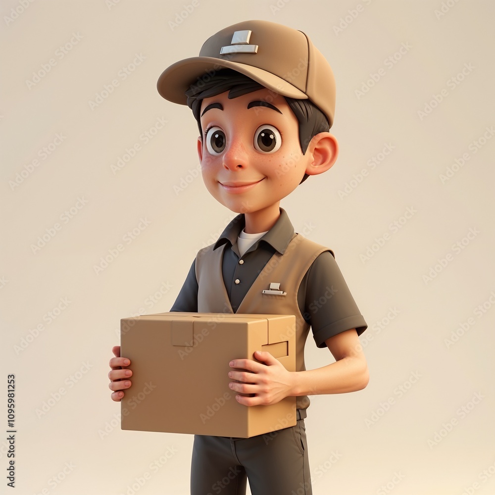 3d character illustration of a courier person working on a delivery service holding a box in his hands. 3d character illustration of a courier person working on a delivery service holding a box in his hands.