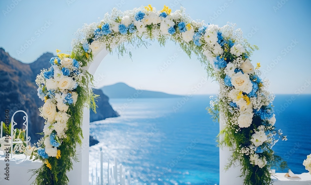 Fototapeta premium A Greece arch with Mediterranean architecture in the background overlooking the sea decorated in a wedding style with flowers