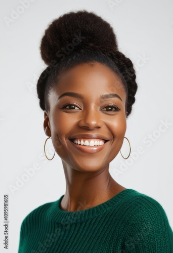 a smiling woman, wearing a green sweater, hoop earrings, afro hairstyle, studio portrait, soft lighting, neutral background 