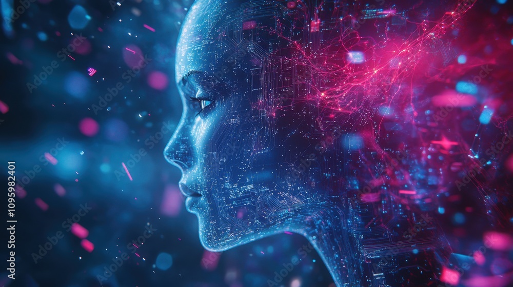 An animated holographic cyberpunk AI in 3D, data streams. Background in high-tech lab environment. Neural network processor on the motherboard. Background in digital science innovation An animated holographic cyberpunk AI in 3D, data streams. Background in high-tech lab environment. Neural network processor on the motherboard. Background in digital science innovation