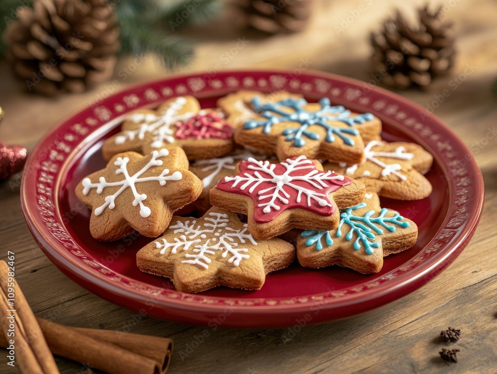 Festive snowflake-decorated gingerbread cookies on a red plate. Festive snowflake-decorated gingerbread cookies on a red plate.