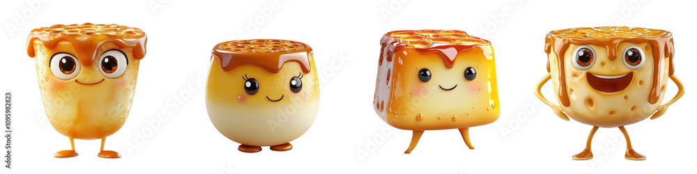 3D cartoon crème brûlée character with caramelized top, isolated on white background. Collection PNG. 3D cartoon crème brûlée character with caramelized top, isolated on white background. Collection PNG.