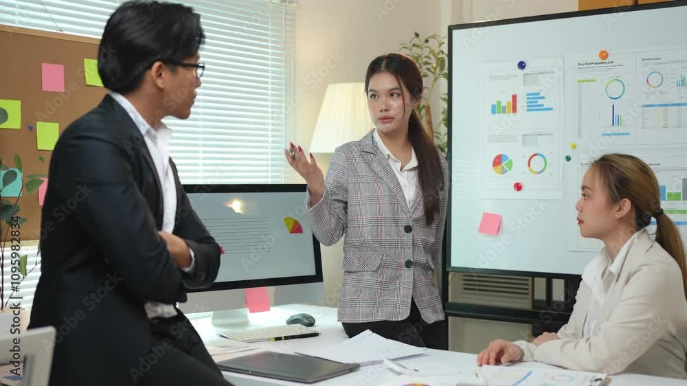 The operations manager organizes a meeting presentation to the office staff team. Colleagues using a whiteboard with a presentation Analyze growth, charts, statistics and business data in office. The operations manager organizes a meeting presentation to the office staff team. Colleagues using a whiteboard with a presentation Analyze growth, charts, statistics and business data in office.