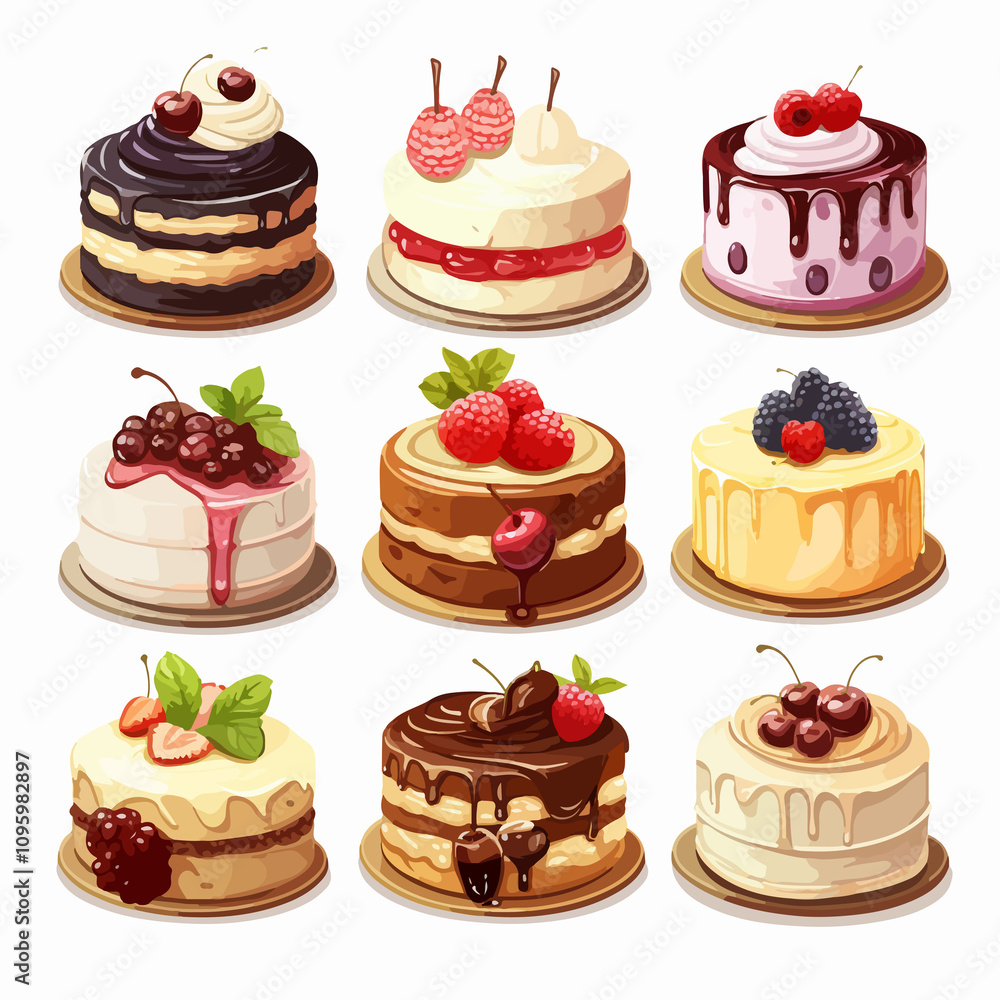 Delicious Mixed Cakes and Dessert Illustrations Vector Delicious Mixed Cakes and Dessert Illustrations Vector