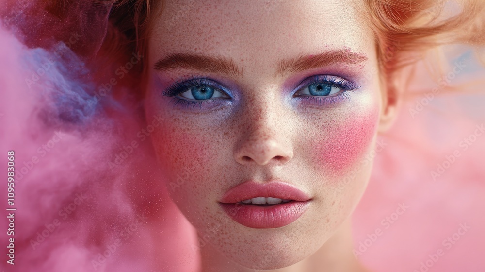 Female model with striking blue eyes, wearing bright, artistic makeup, as a burst of colored powder swirls around her, creating an eye-catching, dramatic effect Female model with striking blue eyes, wearing bright, artistic makeup, as a burst of colored powder swirls around her, creating an eye-catching, dramatic effect