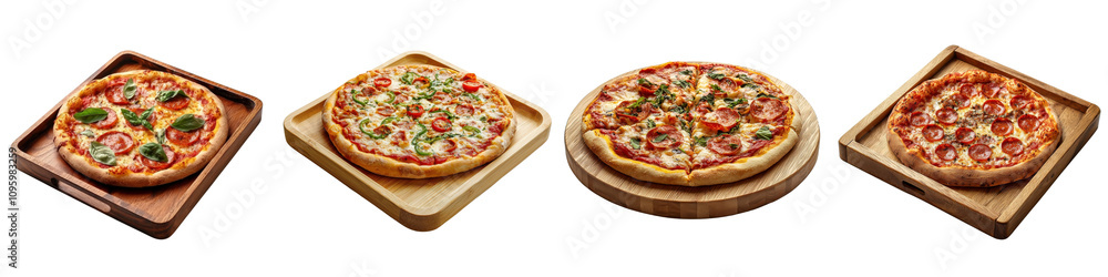 Pizza on a wooden tray isolated on white background. Collection PNG. Pizza on a wooden tray isolated on white background. Collection PNG.