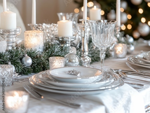 Elegant Christmas table setting with silver and white decorations, candles, and a festive garland.