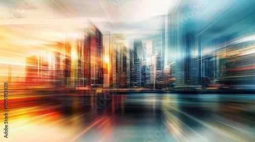 Abstract digital art of futuristic urban skyline in motion.