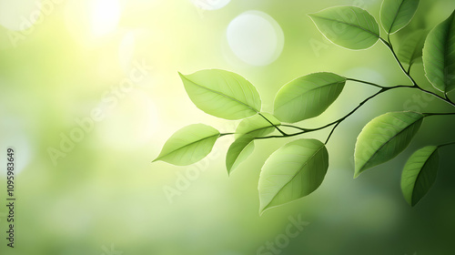 Vibrant Green Leaves Branch, Sunlight Bokeh Background, Nature Illustration