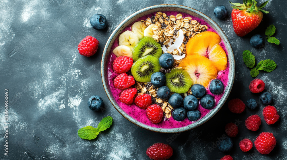 Vegan Bowls and Mobile Kitchen. A vibrant fruit bowl filled with berries, kiwi, and granola, showcasing a colorful, healthy breakfast option on a dark background. Vegan Bowls and Mobile Kitchen. A vibrant fruit bowl filled with berries, kiwi, and granola, showcasing a colorful, healthy breakfast option on a dark background.